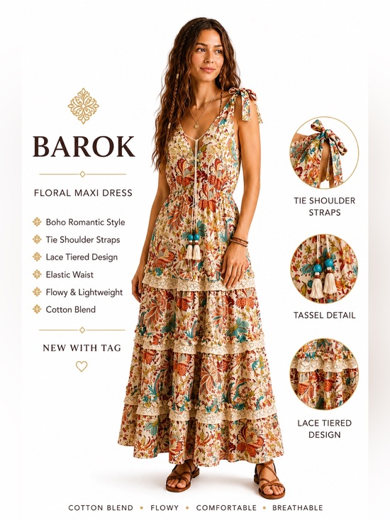 barok Dresses & Skirts - Barok Floral Maxi Dress boho Multicolor tiers Design Lace NWT elastic waist XL
